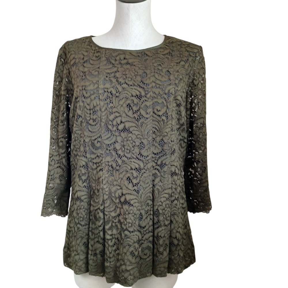 Doncaster Collection Olive‎ Green Floral Lace 3/4 Sleeve Peplum Blouse Top